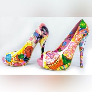 Iron Fist, Stiletto heel, Peep toe, Pump, Yellow Pink, Glitter Candy Skulls 39